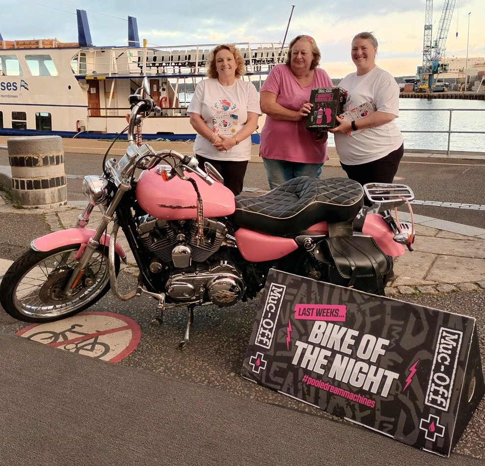 Women posing with pink bike